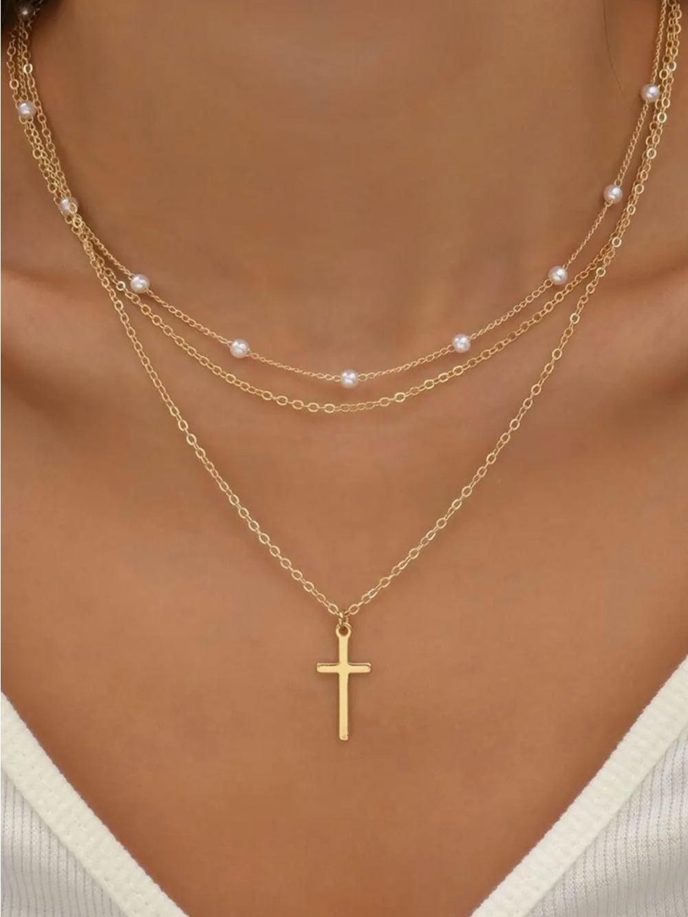 Gold Layered Cross Necklace with  Beads - Women Jewelry